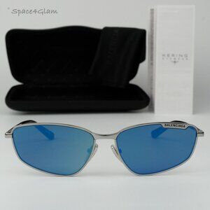 BRAND NEW Balenciaga BB0277S 003 Ruthenium Blue Mirrored Unisex Sunglasses